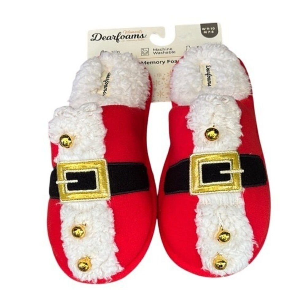 Dearfoams Christmas Red Santa Slippers w/Gold Bells Unisex SZ W 9-10; M 7-8